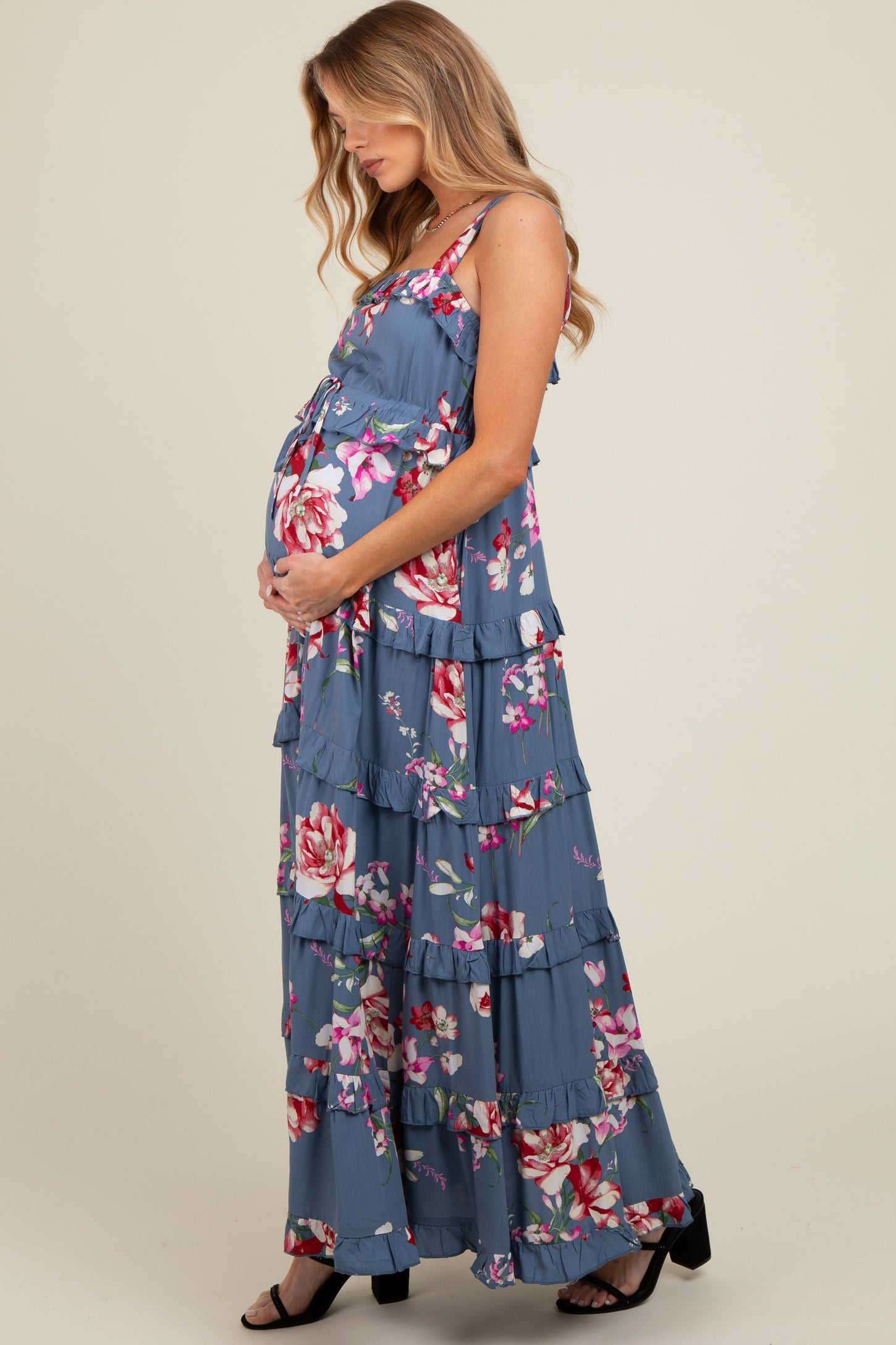 Blue Floral Sleeveless Tiered Maternity Maxi Dress – PinkBlush