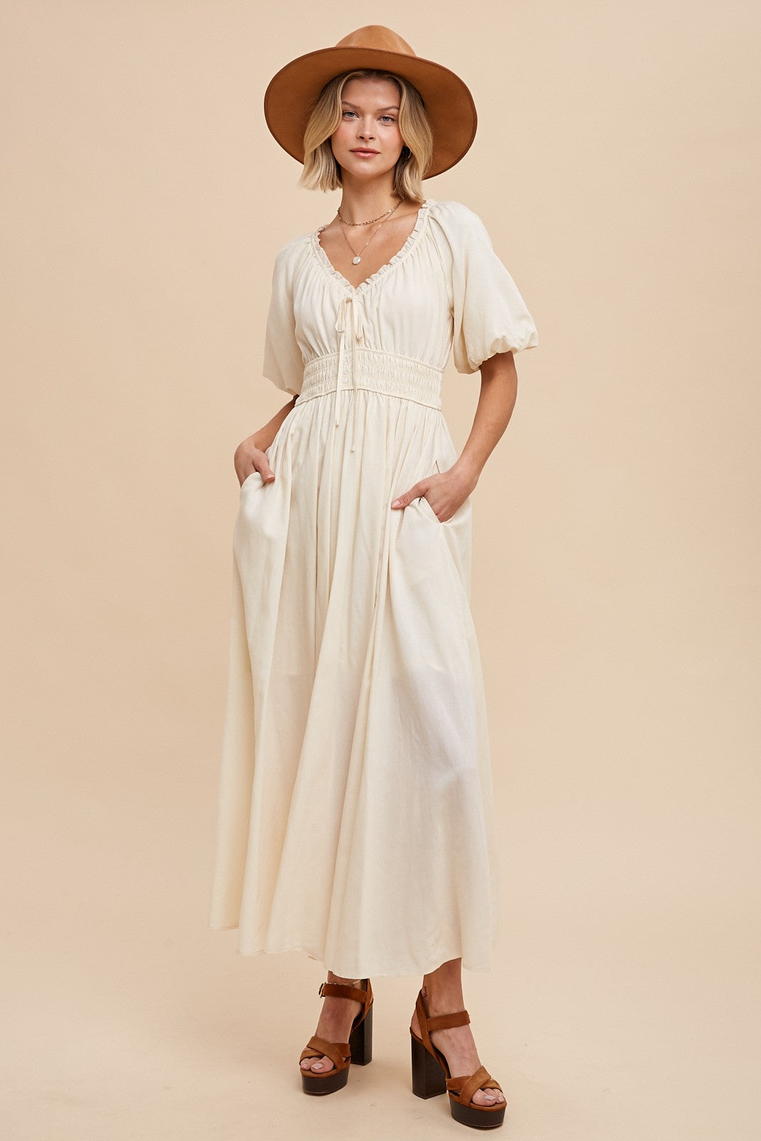 Cream Smocked Puff Sleeve Maxi Dress – PinkBlush