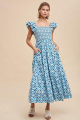 Blue Floral Smocked Flutter Cap Sleeve Maxi Dress