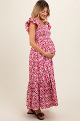 Magenta Floral Smocked Flutter Cap Sleeve Maternity Maxi Dress