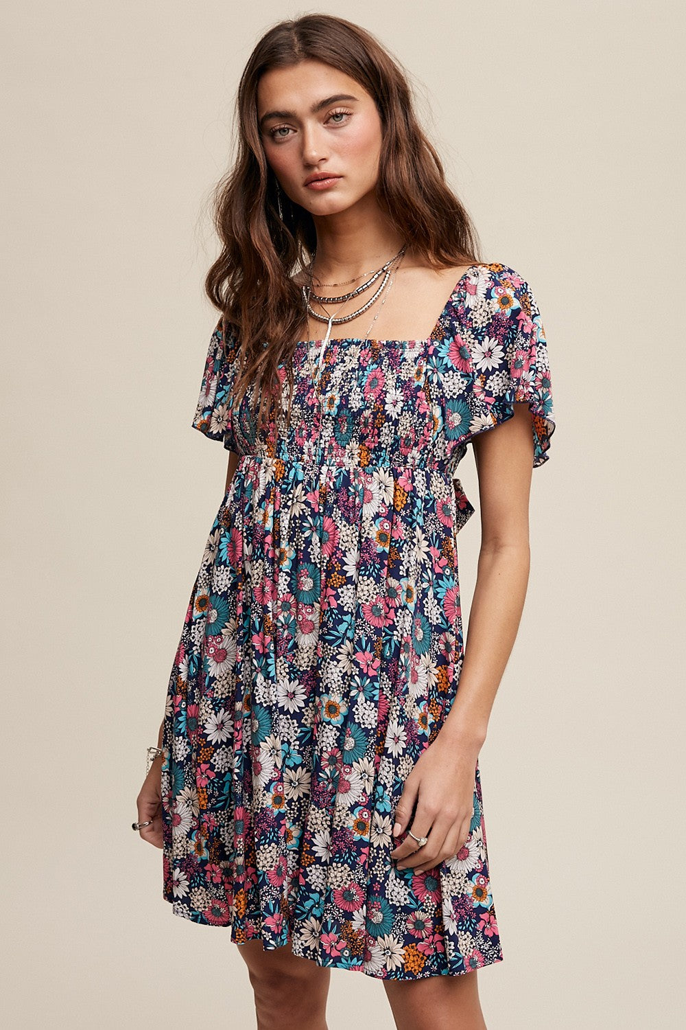 Navy Blue Floral Smocked Flutter Sleeve Back Tie Dress