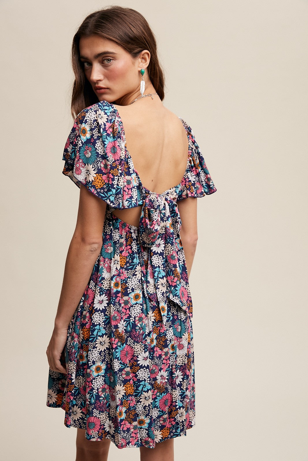 Navy Blue Floral Smocked Flutter Sleeve Back Tie Dress – PinkBlush