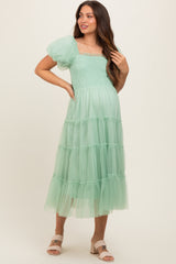 Mint Green Smocked Tiered Tulle Maternity Midi Dress