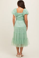 Mint Green Smocked Tiered Tulle Maternity Midi Dress