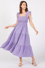 Lavender Smocked Sleeveless Drawstring Shoulder Tiered Midi Dress
