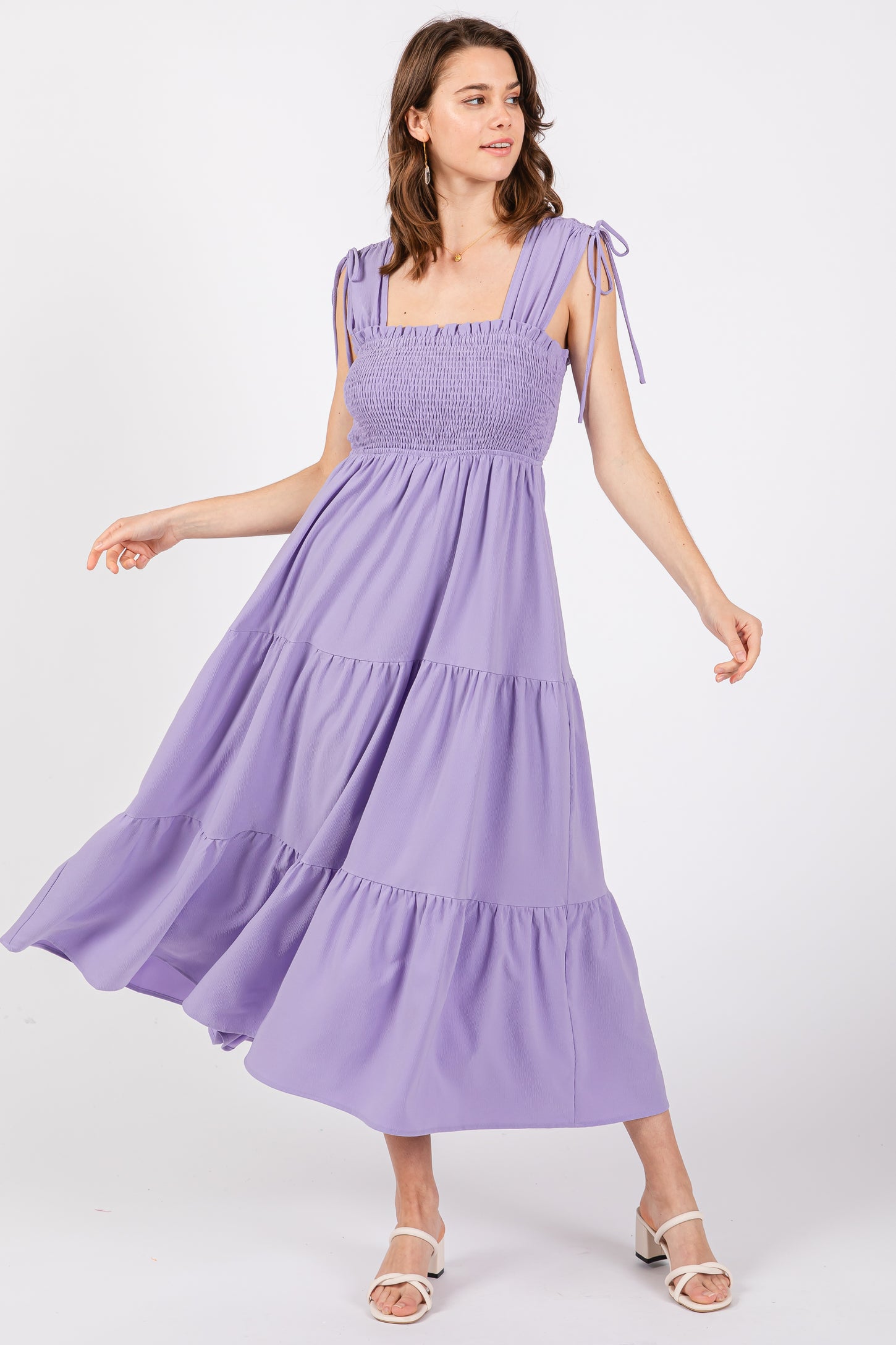 Lavender Smocked Sleeveless Drawstring Shoulder Tiered Maternity Midi Dress