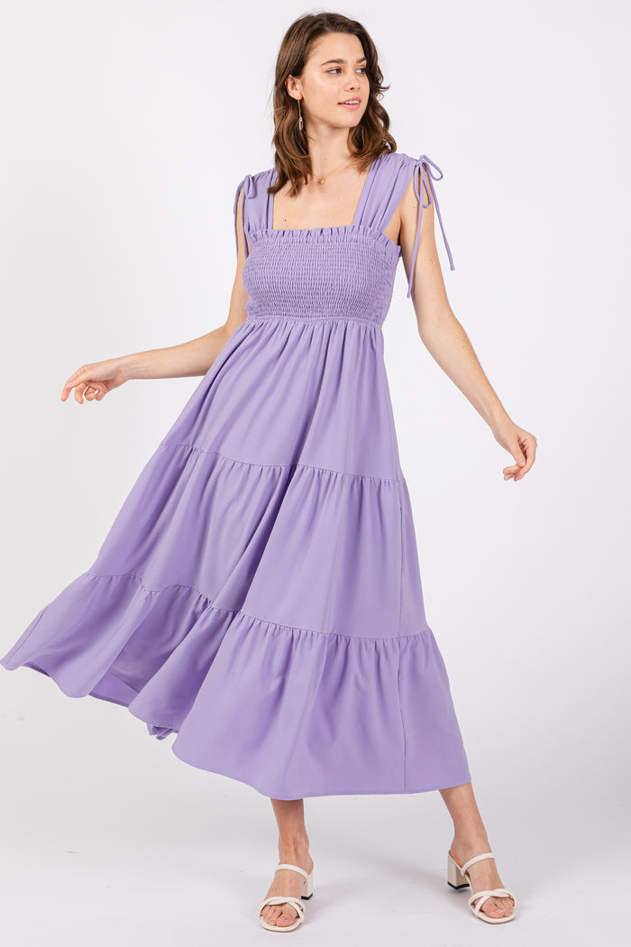 Lavender Smocked Sleeveless Drawstring Shoulder Tiered Maternity Midi Dress