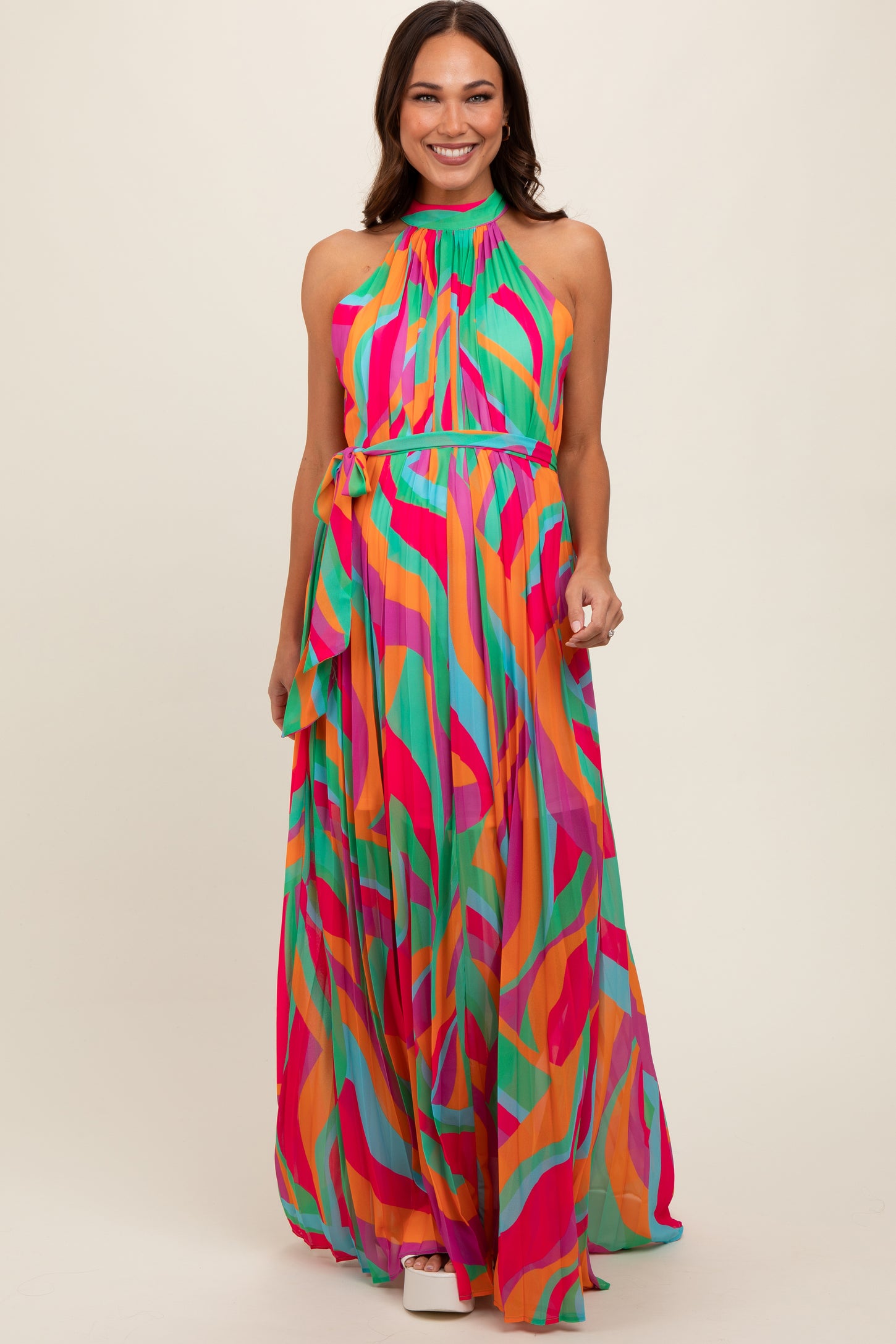 Multicolor Print Pleated Halter Maternity Maxi Dress PinkBlush Multicolor Print Pleated Halter Maternity Maxi Dress PinkBlush