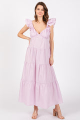 Lavender Flutter Sleeve Tiered Maternity Maxi Dress