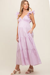Lavender Flutter Sleeve Tiered Maternity Maxi Dress