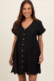 Black Eyelet Button Front Short Sleeve Maternity Dress