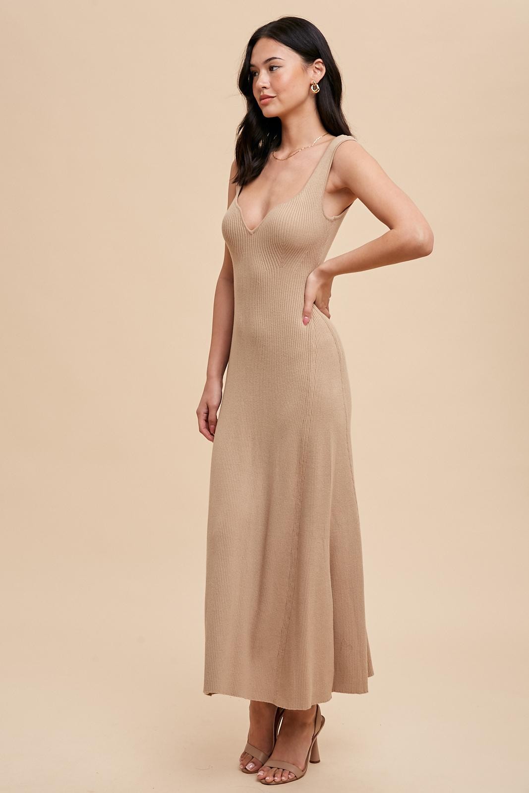 Beige Knit Deep V-Neck Maxi Dress PinkBlush Beige Knit Deep V-Neck Maxi Dress PinkBlush