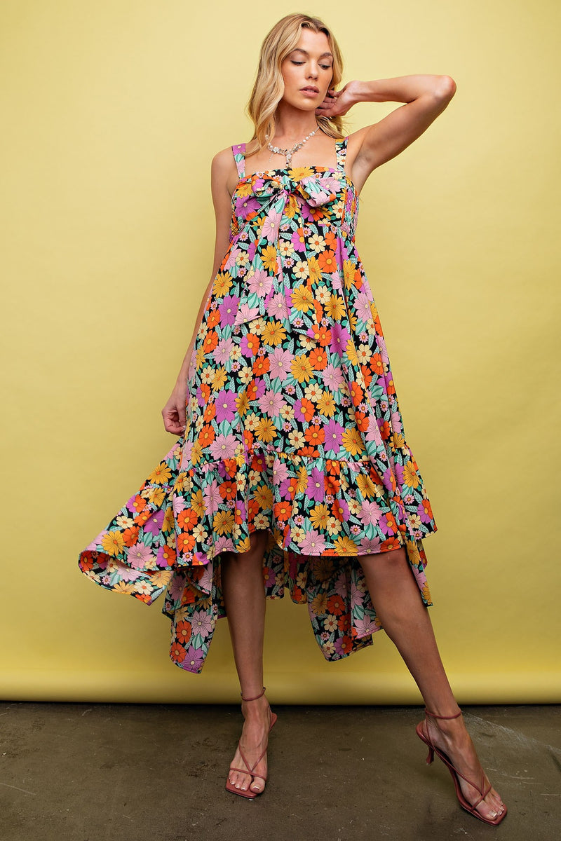 Black Floral Smocked Sleeveless Midi Dress– PinkBlush