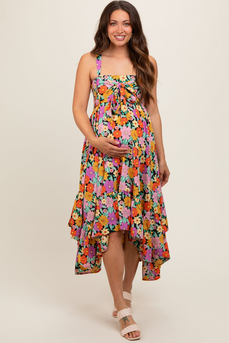 Black Floral Smocked Sleeveless Maternity Midi Dress – PinkBlush