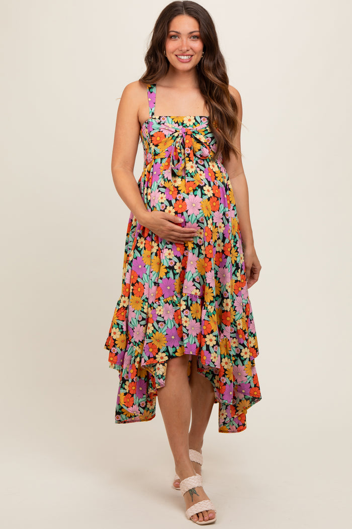 Black Floral Smocked Sleeveless Maternity Midi Dress