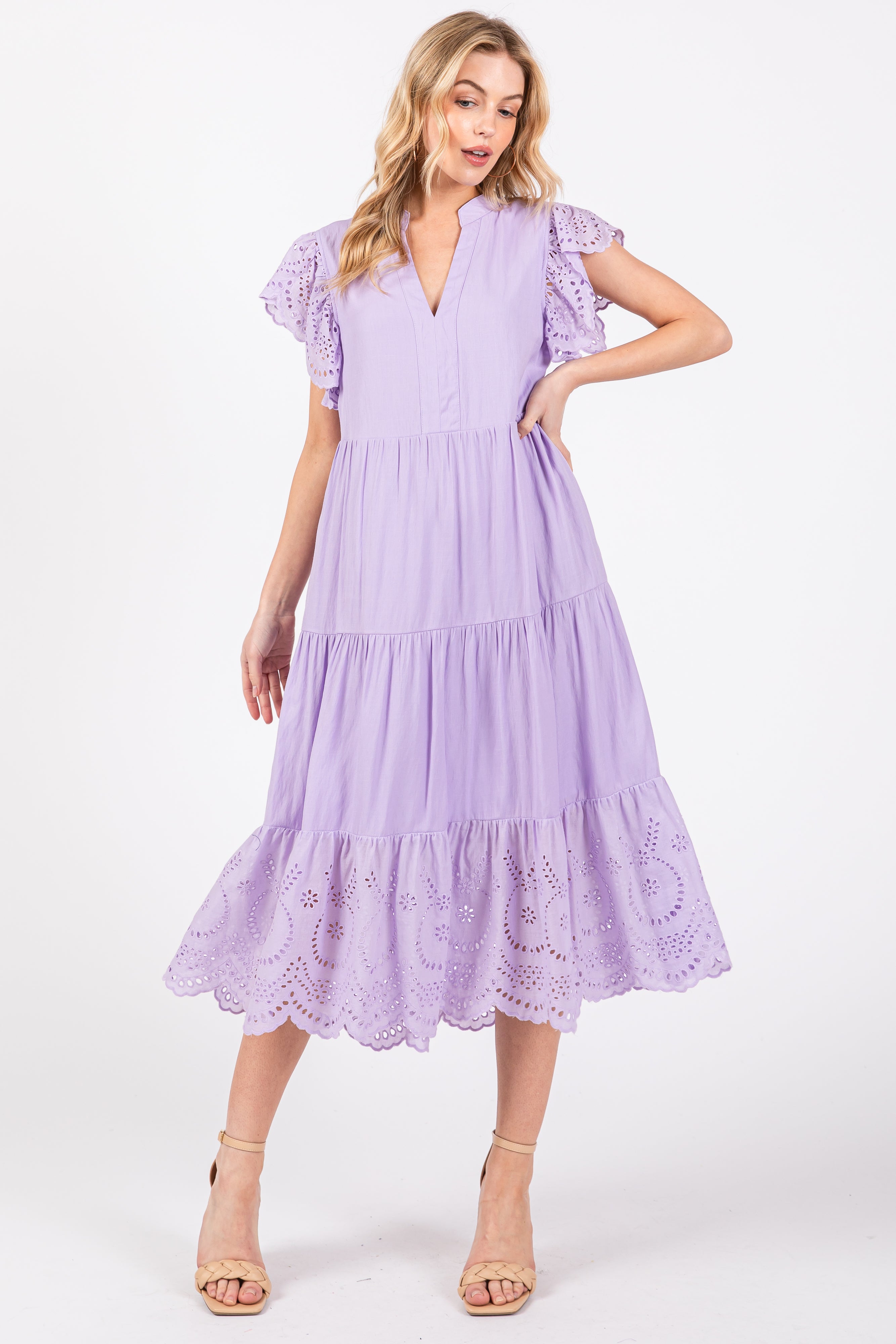 Lavender Check Seersucker Dress With Ruffle Neckline main image 0