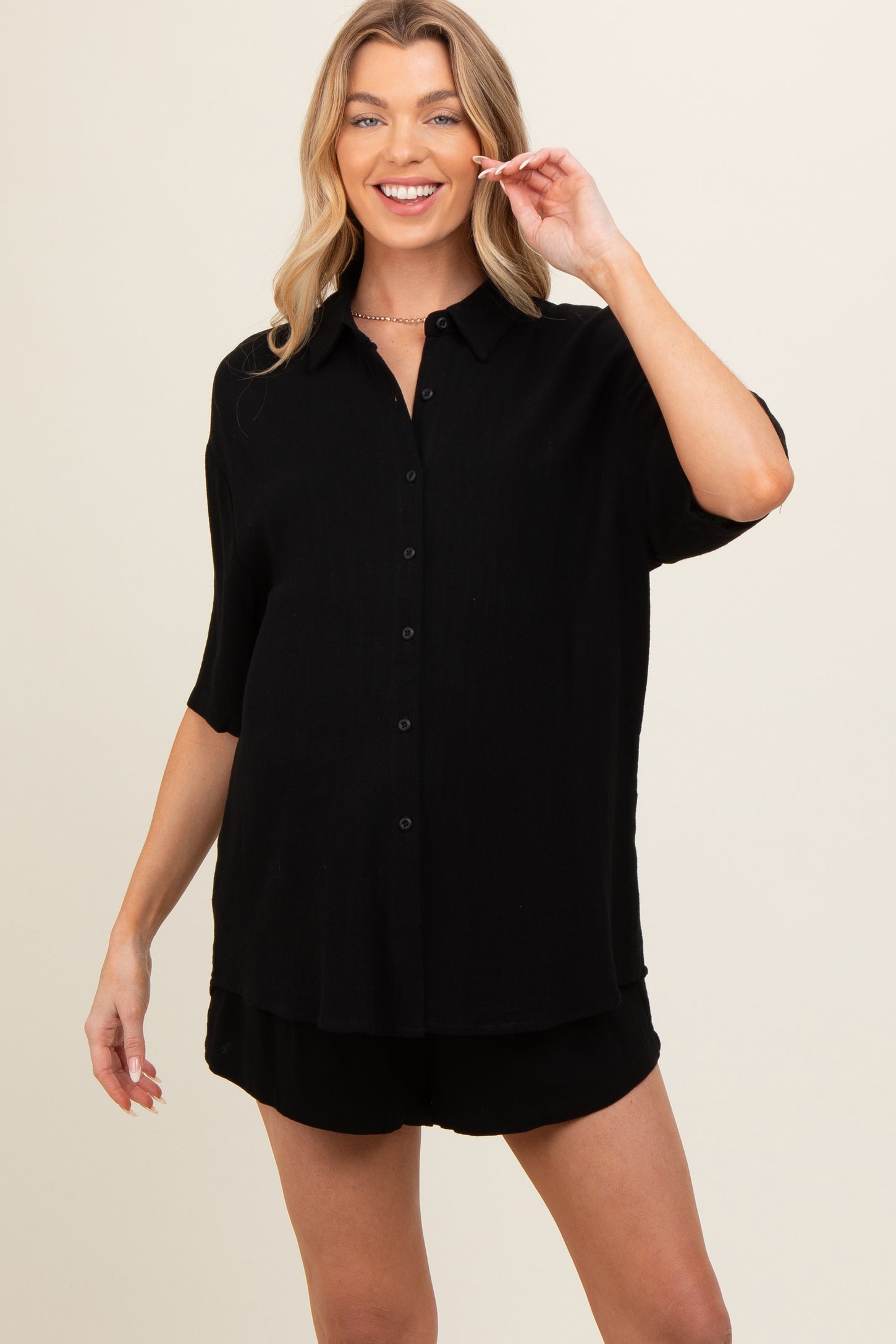 Black Linen Blend Short Sleeve Maternity Short Set