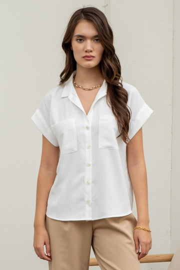 White Short Fold Sleeve Button Down Shirt
