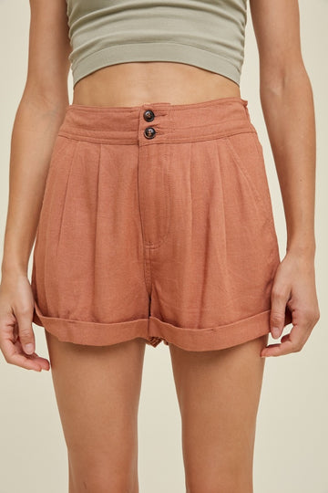 Clay Linen Shorts With Pleated Detail
