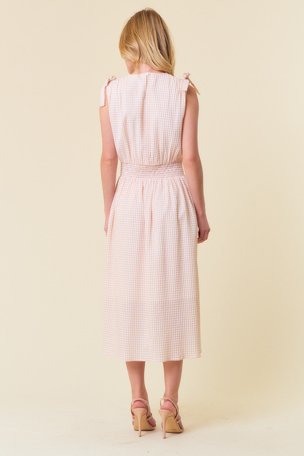 Beige Gingham Plaid Ruched Shoulder Midi Dress – PinkBlush